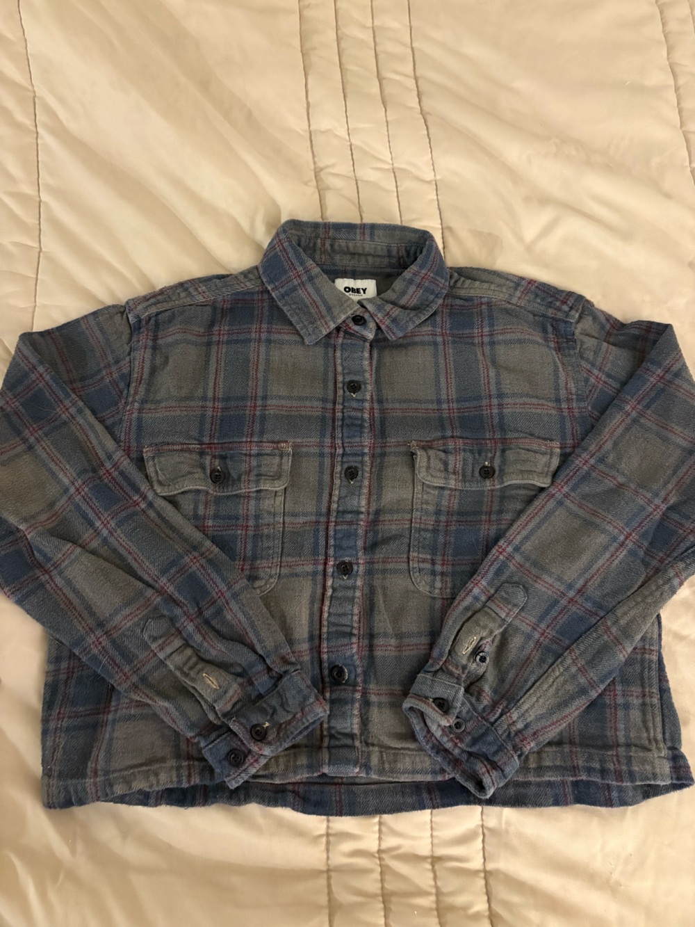 Obey Women’s Blue and Gray Plaid Cropped Boxy Shirt